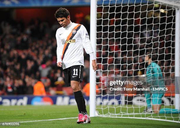 Shakhtar Donetsk's Da Silva Eduardo after scoring their first goal past Arsenal goalkeeper Lukasz Fabianski