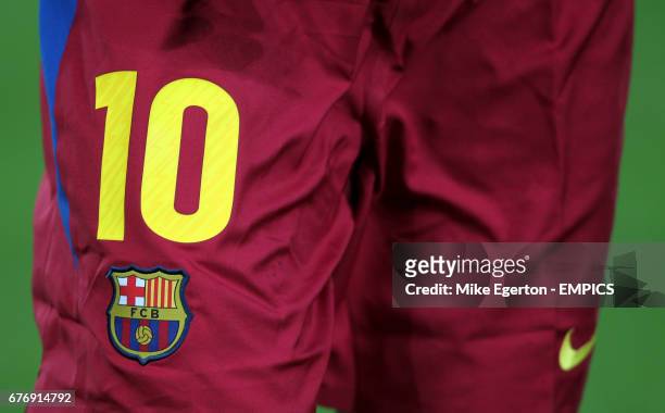Detail on Barcelona's Lionel Messi's shorts