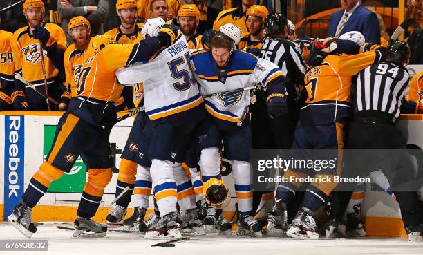 Scrum between the Nashville Predators and the St. Louis Blues occurs during the third period of Game Four of the Western Conference Second Round...