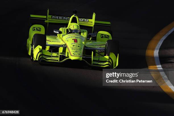 Simmon Pagenaud of France, driver of the Team Penske Chevrolet drives during practice for the Desert Diamond West Valley Phoenix Grand Prix at...