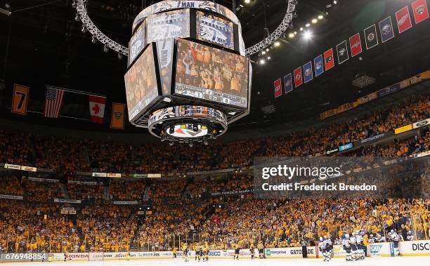 General view of a sold out crowd during a time out in the third period of Game Four of the Western Conference Second Round between the Nashville...
