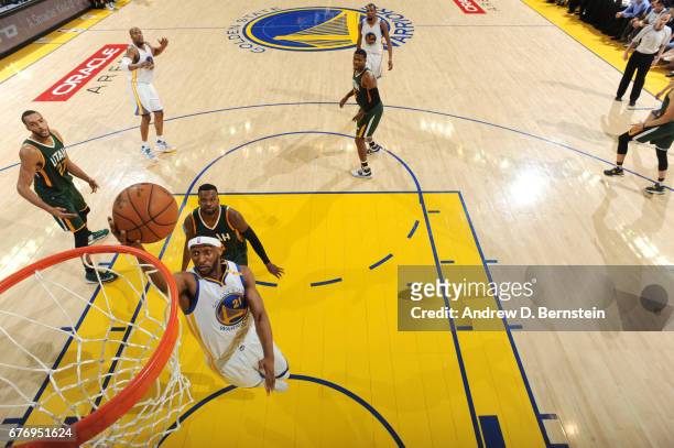 Ian Clark of the Golden State Warriors goes up for a lay up against the Utah Jazz during Game One of the Western Conference Semifinals of the 2017...