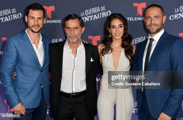 Michel Chauvet, Humberto Zurita , Sandra Echeverria and Michel Brown attend the Telemundo screening of "La Querida Del Centauro" on May 2, 2017 in...