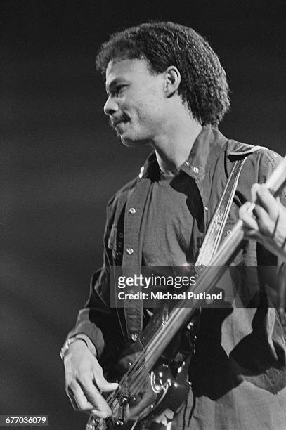 American bassist Fernando Saunders performing on stage at a charity concert for ARMS , held at the Royal Albert Hall, London, 20th September 1983.