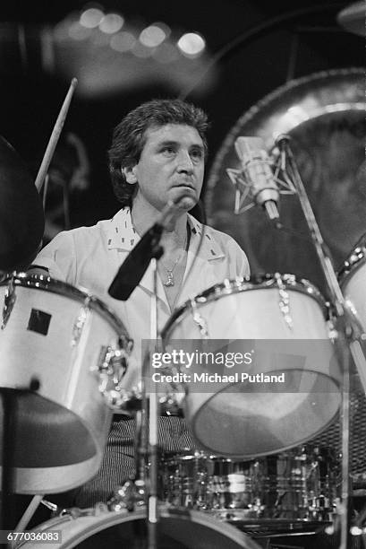 English drummer Kenney Jones performing on stage at a charity concert for ARMS , held at the Royal Albert Hall, London, 20th September 1983.