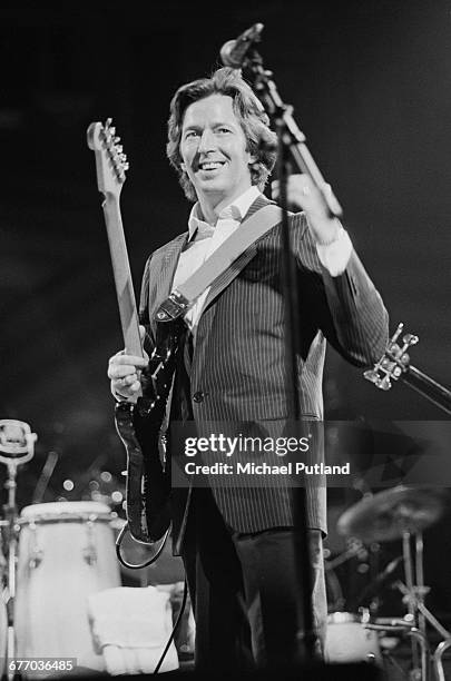 English guitarst Eric Clapton on stage during a charity concert for ARMS , held at the Royal Albert Hall, London, 20th September 1983.
