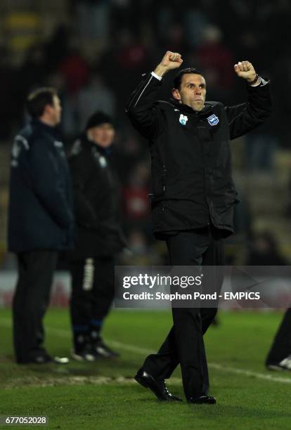 Brighton & Hove Albion's manager Gustavo Poyet celebrates victory after the final whistle