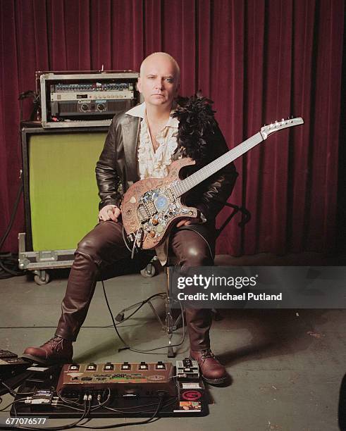 American guitarist, songwriter and record producer Reeves Gabrels, with his personalized Parker Fly guitar, New York, March 1997.