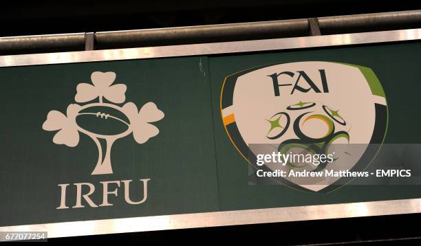 General view of the the Football association of ireland and Irish Rugby Football Union badges at the Aviva Stadium, Dublin