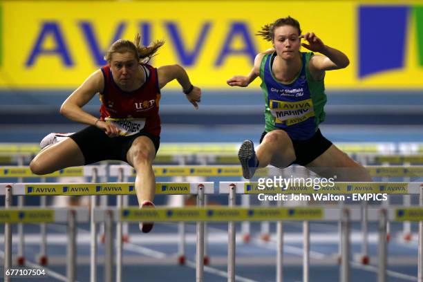 Herts Phoenix's Claire Humphries and Sheffield's Rosie Marino in action during the Women's 60m Hurdles B Final