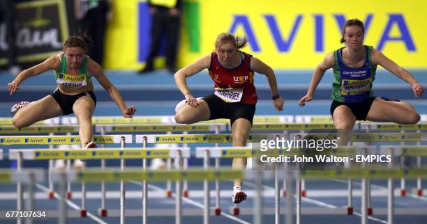 Chelmsford's Georgia Atkins, Herts Phoenix's Claire Humphries and Sheffield's Rosie Marino in action during the Women's 60m Hurdles B Final