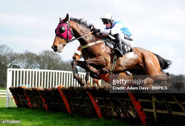 Padys Arkle ridden by Mark Quinlan jumps the second hurdle on the first circuit during the lingfieldpark.co.uk Maiden Hurdle Race