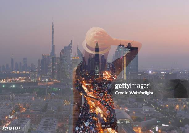 Double Exposure Of Young Girl With Modern City Background, Foto de stock