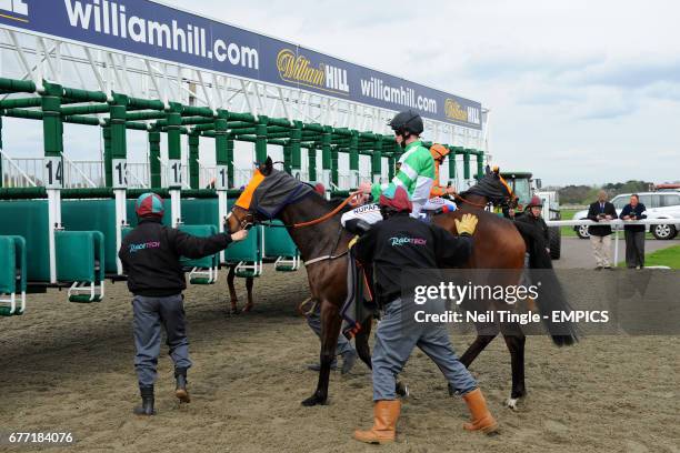 Jockey Jack Mitchell on Cosmic Sun going to the starting gates for the williamhill.com Rosebery Handicap