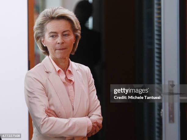 Germany Federal defense minister Ursula Von Der Leyen arrives for the weekly cabinet meeting in the German Chancellery on May 3, 2017 in Berlin,...
