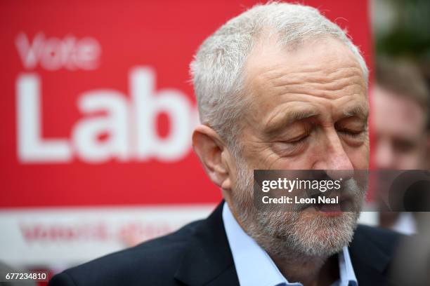 Labour leader Jeremy Corbyn attends a Labour Party general election campaign event on May 3, 2017 in Bedford, England. The Prime Minister visited HM...