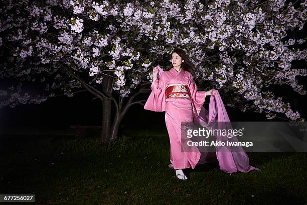 women of cherry blossom and kimono - akio iwanaga stock pictures, royalty-free photos & images