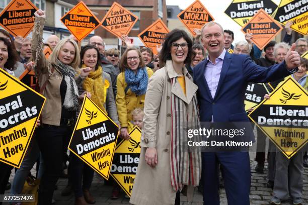 Liberal Democrat candidate for the constituency of Oxford West and Abingdon, Layla Moran stands with supporters next to Liberal Democrat leader Tim...
