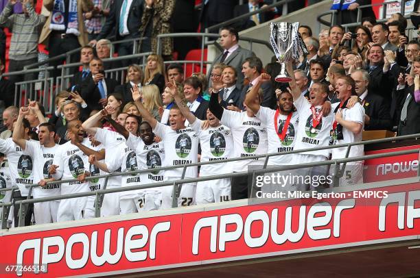 Swansea City's Garry Monk lifts the Play-Off Trophy