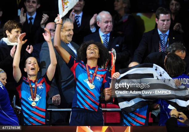 Olympique Lyonnais' players celebrate after winning the UEFA Women's Champions League