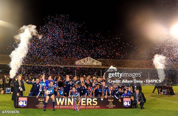 Olympique Lyonnais' players celebrate after winning the UEFA Women's Champions League