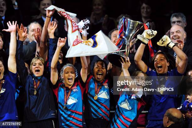 Olympique Lyonnais' players celebrate after winning the UEFA Women's Champions League