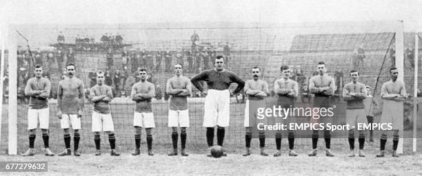 Chelsea team group in the goal at Stamford Bridge. Left to right; James Watson, Bobby McRoberts, George Key, Jimmy Windridge, Mackie, goalkeeper...
