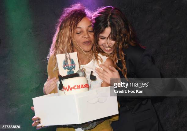 Singers Louisy Joseph from L5 band and Chanez attend "Attachiante" Chanez Concert and Birthday Party at Sentier des Halles Club on May 2, 2017 in...