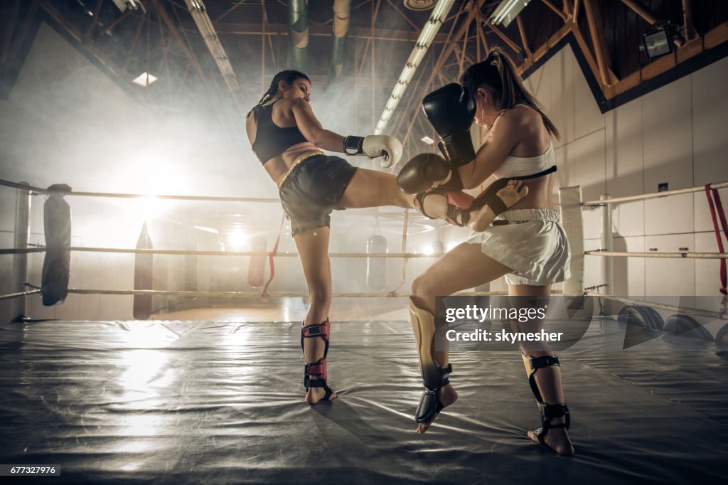 Pugilistas femininas tendo uma luta no ringue durante treinamento esportivo.