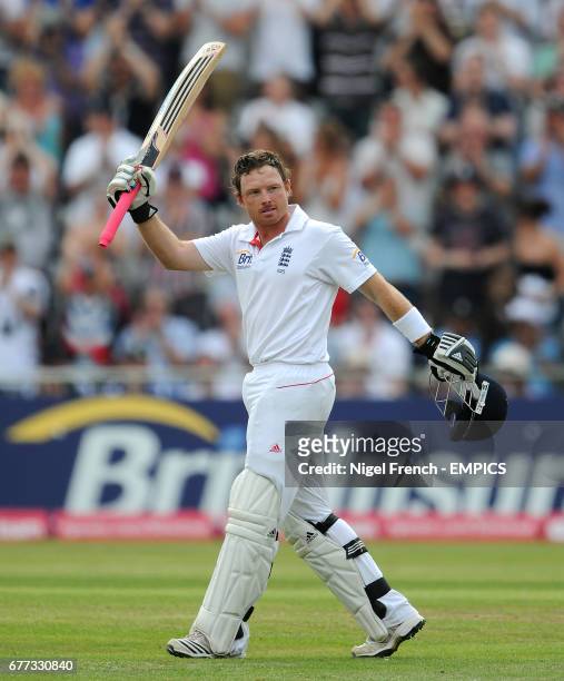 England's Ian Bell celebrates after reaching his century against India.