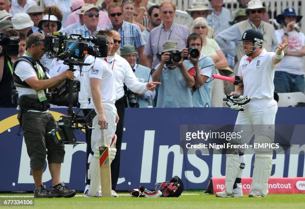 England's Ian Bell shows his frustration after being run out just before tee against India.