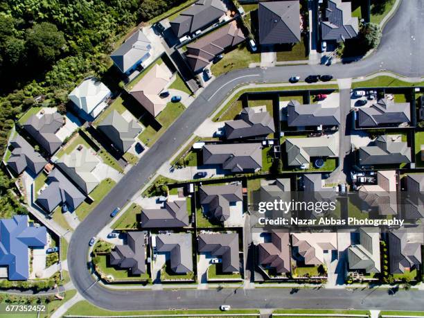 aerial view of houses in upper hutt, wellington, new zealand. - housing new zealand stock pictures, royalty-free photos & images