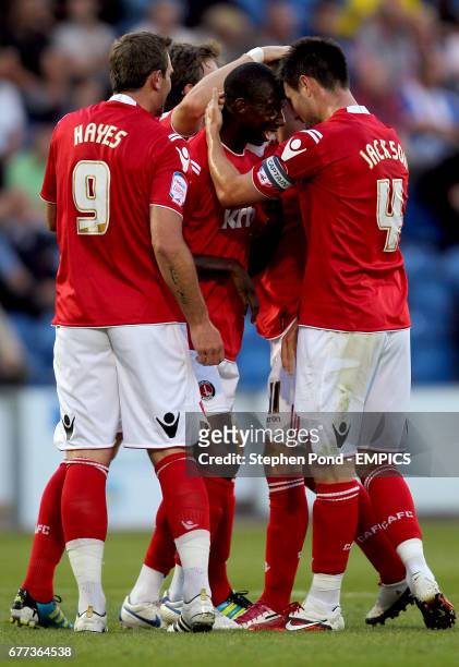 Charlton Athletic players celebrate Bradley Wright-Phillips scoring their first goal of the game