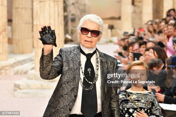 Designer Karl Lagerfeld and nephew Hudson Kroenig walk the runway during Chanel Cruise 2017/2018 Collection at Grand Palais on May 3, 2017 in Paris,...