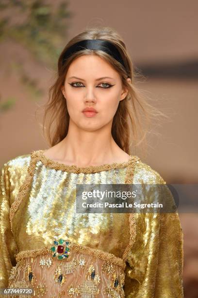 Lindsey Wixson walks the runway during Chanel Cruise 2017/2018 Collection at Grand Palais on May 3, 2017 in Paris, France.