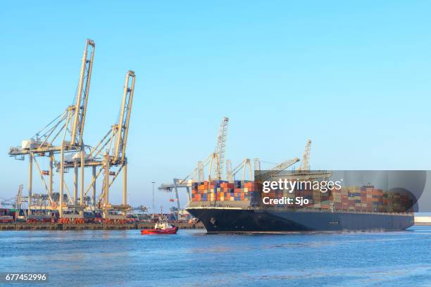 cargo container ship at a container terminal in rotterdam port - rotterdam harbour stock pictures, royalty-free photos & images