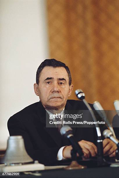 Soviet statesman and Minister of Foreign Affairs, Andrei Gromyko listens intently as Soviet Premier Alexei Kosygin attacks the intervention of the...