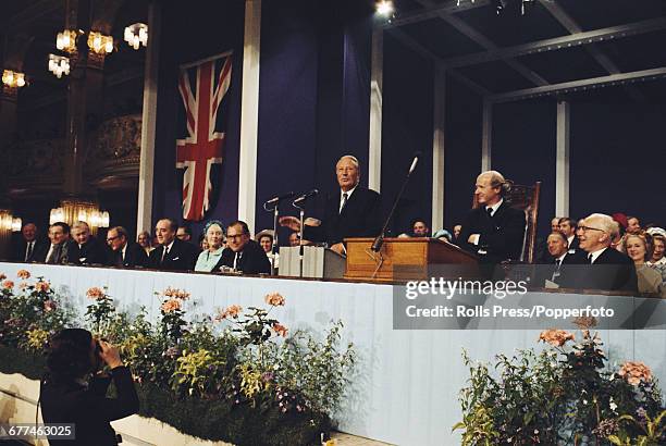 British Conservative Party politician and Prime Minister of the United Kingdom, Edward Heath delivers his keynote speech from the platform at the...