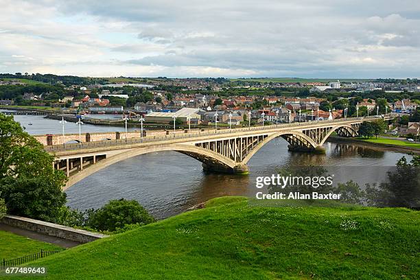 aerial view of bridge spanning berwick upon tweed - berwick upon tweed stock pictures, royalty-free photos & images