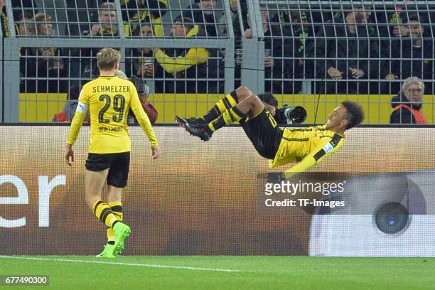 Pierre Emerick Aubameyang of Dortmund celebrates after scoring his teams first goal during the Bundesliga match between Borussia Dortmund and FC...