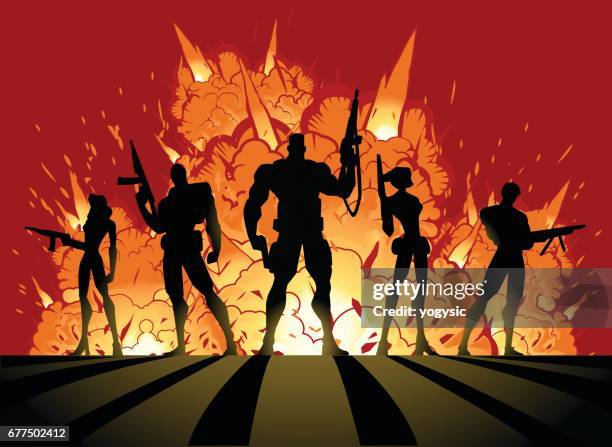 vector soldiers silhouette with explosions - soldier silhouette stock illustrations