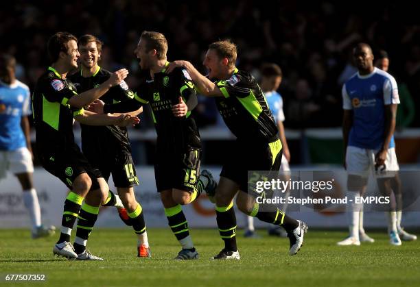 Leeds United's Adam Clayton is mobbed by team mates after scoring their second goal of the match