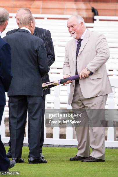 Prince Philip, Duke of Edinburgh talks with Mike Gatting before he opens the new Warner Stand at Lord's Cricket Ground on May 3, 2017 in London,...