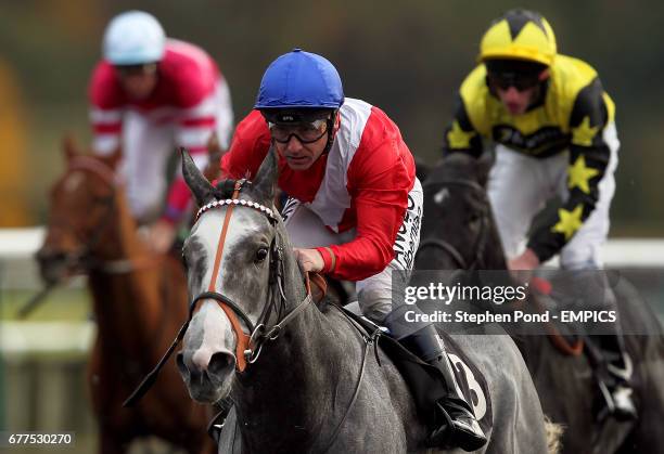 Clinical ridden by jockey Seb Sanders wins the E.B.F. Normandie Stud Fleur De Lys Fillies' Stakes at Lingfield Racecourse