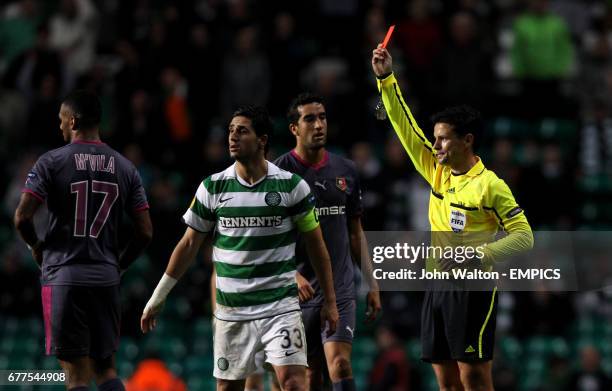 Stade Rennes' Yann M'Vila is sent off by referee Bruno Miguel Duarte Paixao after being shown a second yellow card