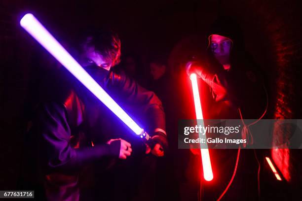 People disguised as characters from Star Wars movie seen during the STAR WARS Day on May 01, 2017 at Nowy Fort in Warsaw, Poland. The event for...