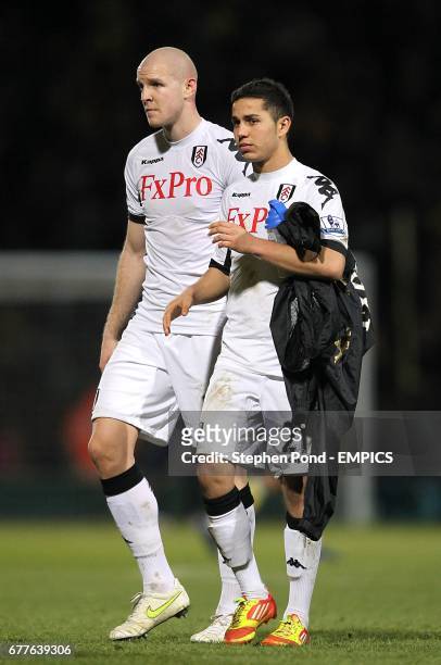 Fulham's Kerim Frei and Philippe Senderos appear dejected after the final whistle