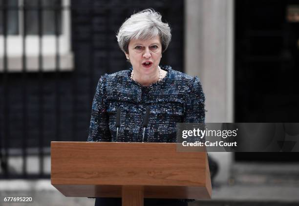 Prime Minister Theresa May makes a statement in Downing Street after returning from Buckingham Palace on May 3, 2017 in London, England. The Prime...