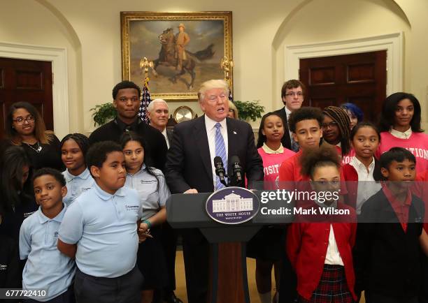 President Donald Trump speaks at an education event with Education Secretary Betsy DeVos in the Roosevelt Room of the White House on May 3, 2017 in...