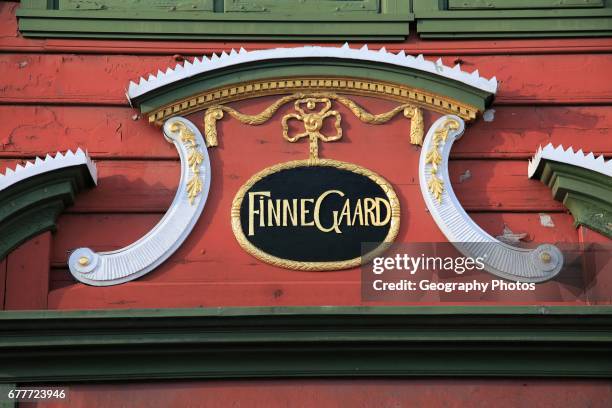 Close up of shop sign in Bryggen area, city of Bergen, Norway UNESCO World Cultural Heritage site.